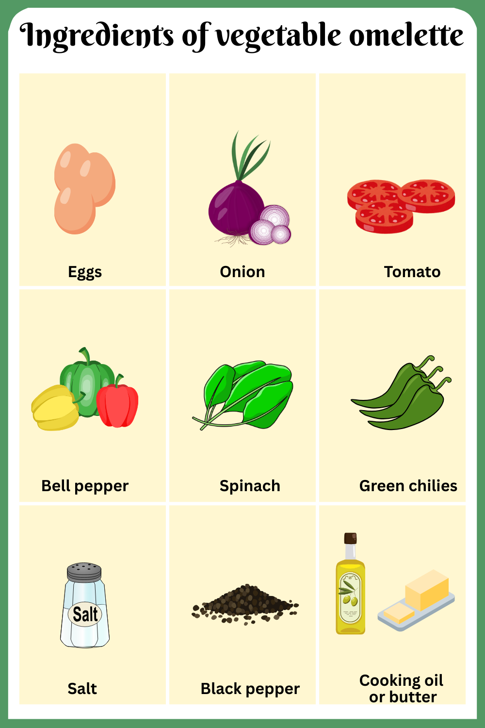 Ingredients of vegetable omelette with pictures
